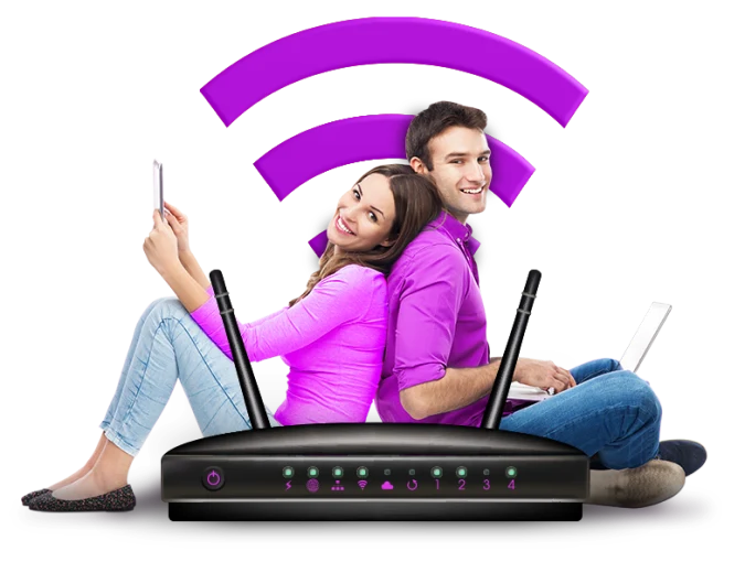 Couple sitting on wifi router showing purple wifi signal