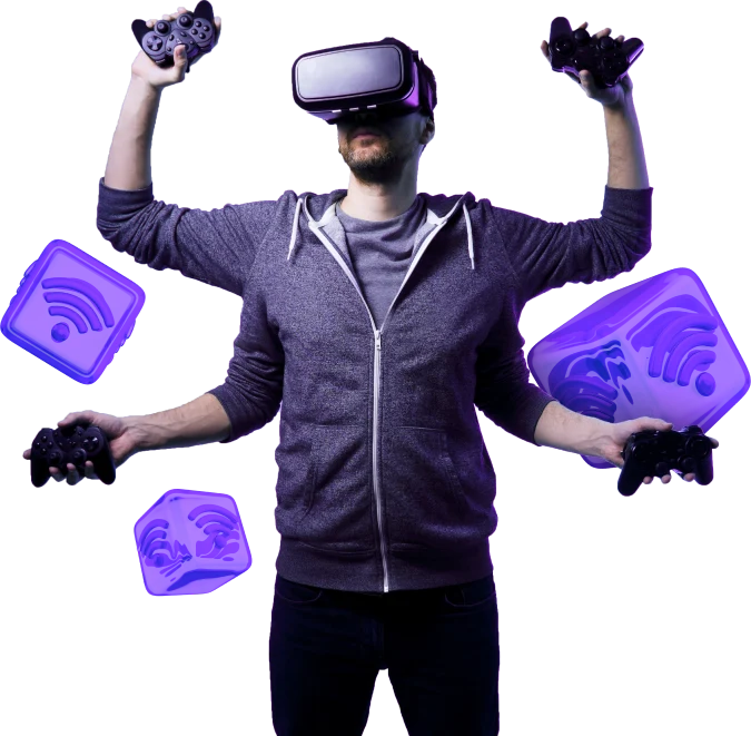 A man with four hands enjoying virtual reality, wearing a VR headset and holding controllers